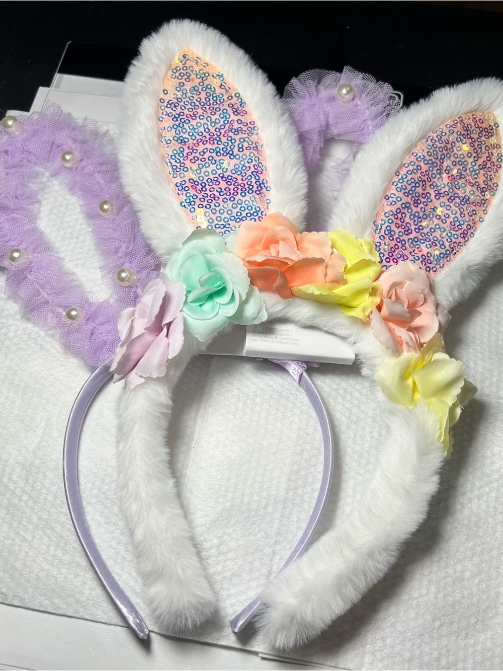Claire’s White Floral And Pastel Purple Bunny Ear Headbands
